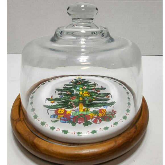 Towle Christmas Tree Holiday Cheese Board Server Teakwood Plate w/Glass Dome VTG - Picture 1 of 10